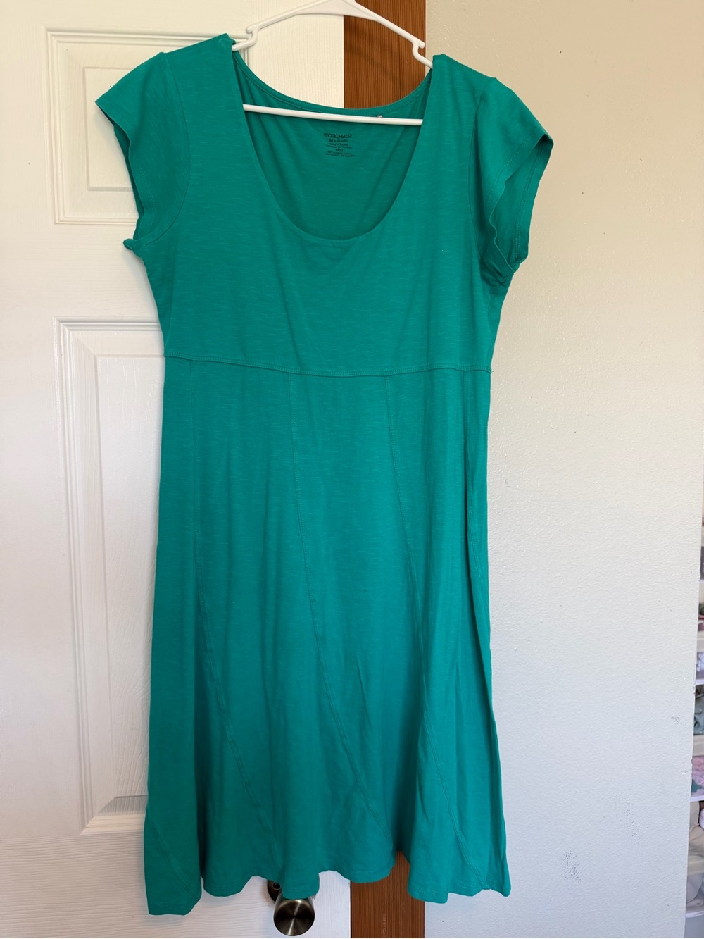 Toad&Co Nena Cap Sleeve Fit & Flare Dress in Teal Organic Cotton Travel Comfy